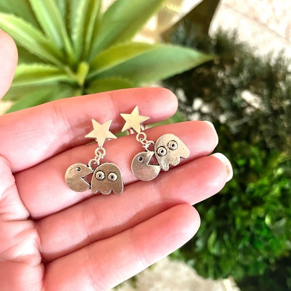 Silver Pac Man Earrings - Picture 2 of 3